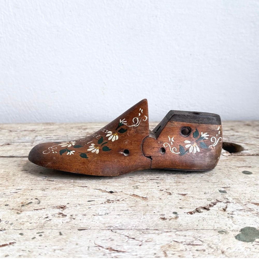Vintage Hand Painted Wooden Shoe Last Daisies Never Tell Folk Art Decor